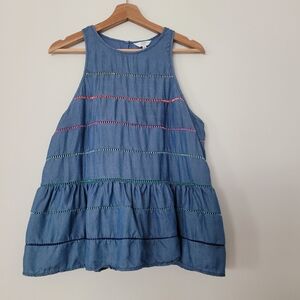 Crown & Ivy Sleeveless Blue Chambray Tank Top Ruffled Hem Size XL Tencel